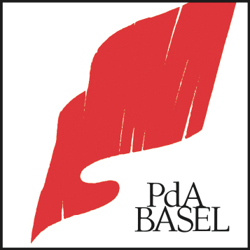 Logo der Partei der Arbeit (PdA) Basel – schwarzer Schriftzug mit roter Fahne